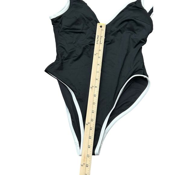 Aqua Swim Size Small Black One Piece White Trim Swimsuit V Neck Buttons NWT - Picture 5 of 9